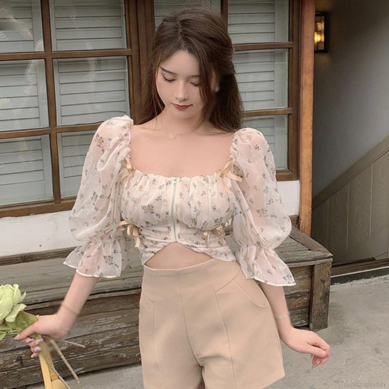 Áo crop top tay ngắn in hoa kiểu Hàn Quốc dễ thương cho nữ