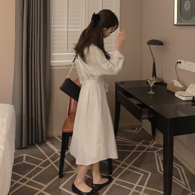 Đầm Tay Dài Dáng Rộng Kẻ Sọc Cài Khuy Kiểu Mới 45697