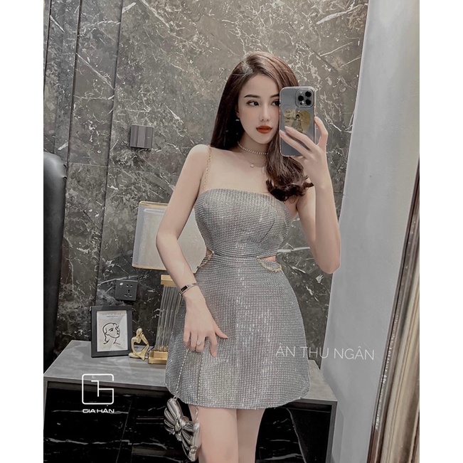 Váy 2 dây nữ xích chất nhũ hở khoét eo cúp ngực dáng ngắn ôm body kiểu sexy đi tiệc cưới ulzzang Hàn Quốc