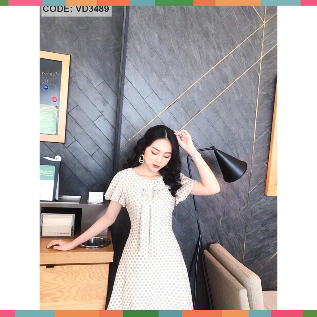 Hot ( ĐỒ NỮ ĐẸP ) ĐẦM CHẤM BI CỔ PHỐI NƠ LAI BÈO