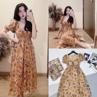 V6782 Váy Maxi đi biển họa tiết hoa lá thiết kế cổ U cúp ngực tay bồng dáng xòe