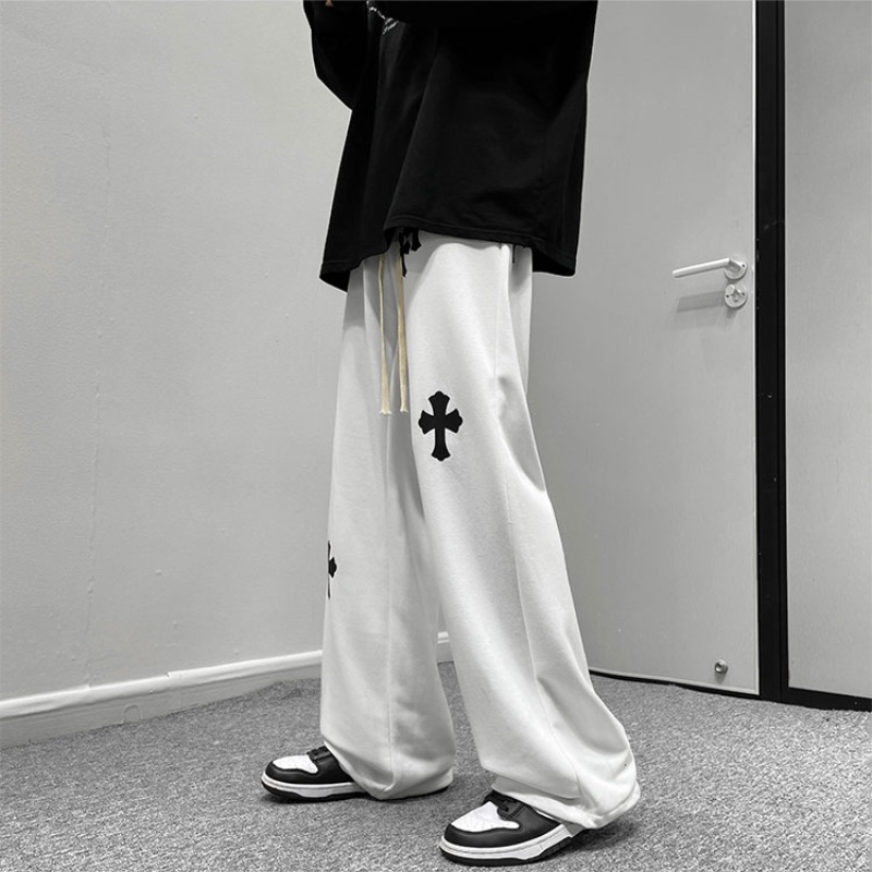 ♞AFF LIGA♞ Quần dài lưng thun dáng rộng thêu họa tiết chữ thập phong cách đường phố cá tính cho nam