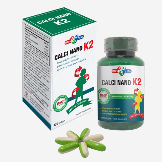 Calci Nano K2 Softgels- Bổ sung canxi, vitamin D, K2 cho bà bầu và phát triển chiều cao cho trẻ (Hộp 120 viên)