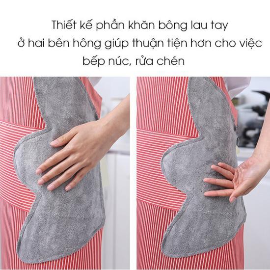 Tạp dề nhà bếp chống nước kẻ sọc có khăn lau tay bên hông - giao màu ngẫu nhiên