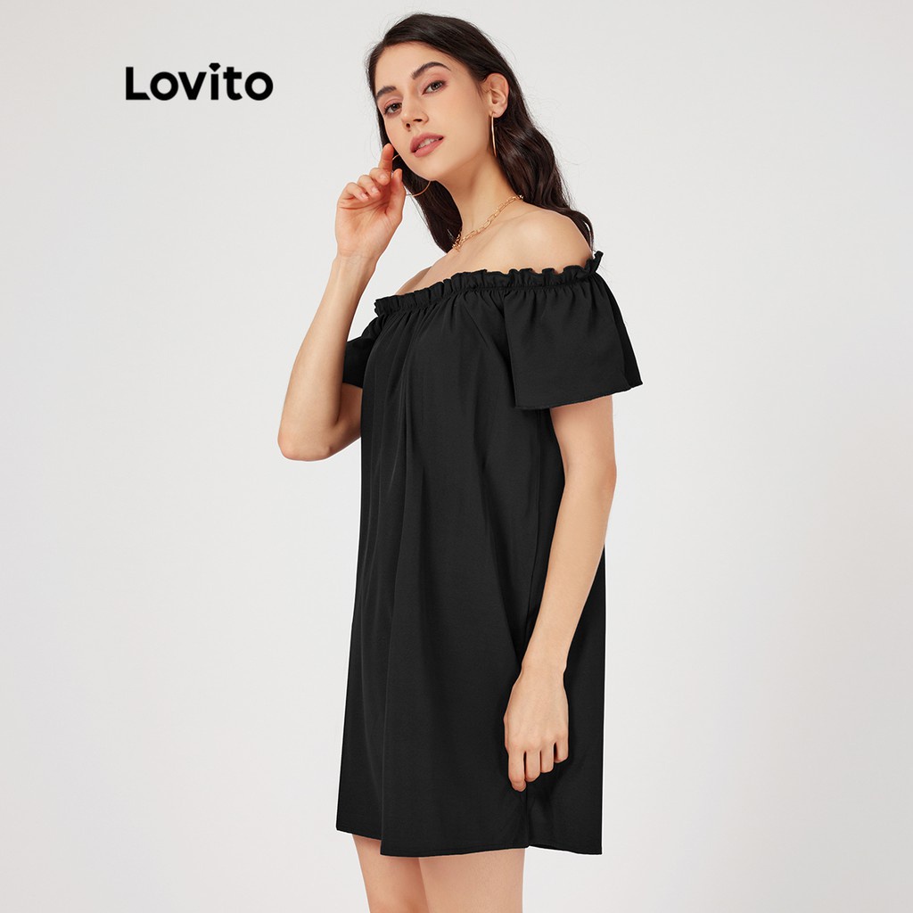 Đầm Lovito xếp nếp trễ vai màu trơn thường ngày L23LD058 (màu đen)