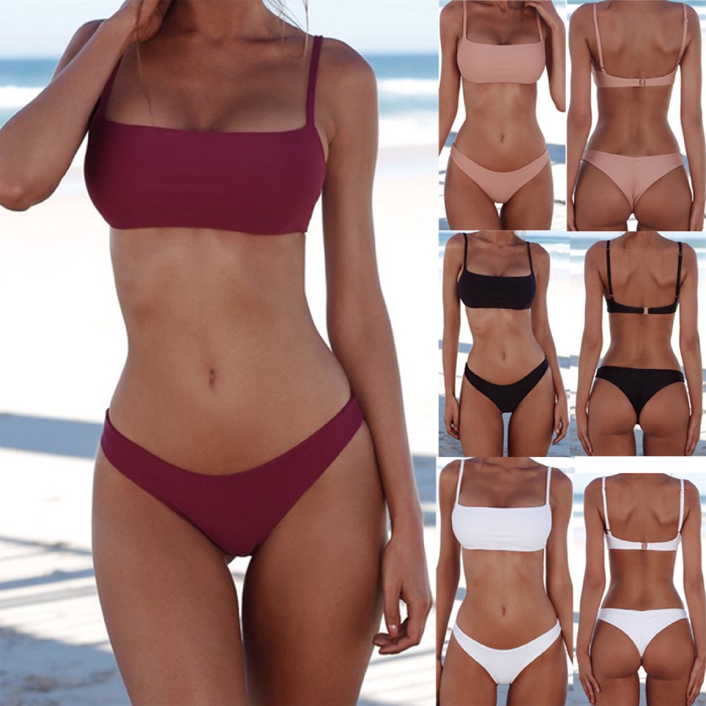 Bikini hai mảnh phối dây màu trơn cho nữ