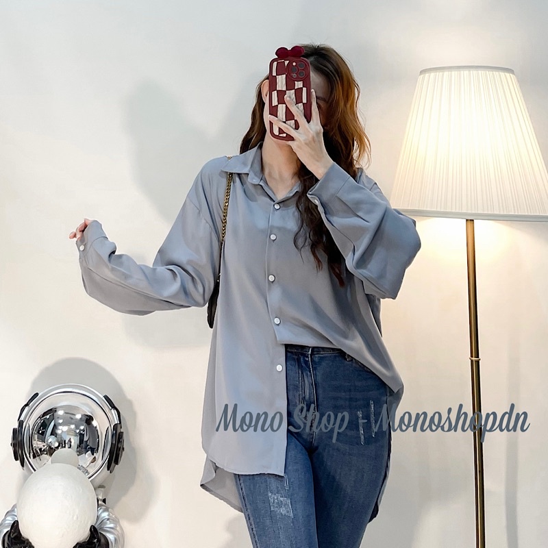 Áo sơ mi phom rộng lệch tà chất đẹp nút trắng Ảnh thật/ sẵn