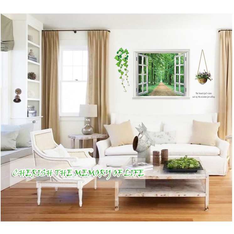 Combo Decal dán tường xanh 3 - decal cửa sổ 3d và chân tường trang trí nhà cửa đẹp