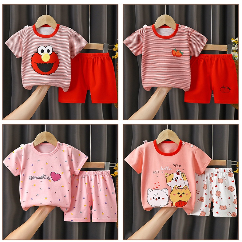 Bộ Đồ Ngủ Cotton Tay Ngắn Thoáng Khí 66-130cm In Họa Tiết Hoạt Hình Phong Cách Hàn Quốc Dành Cho Bé