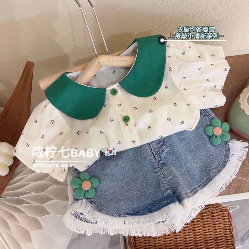 Hàng Mới Về Set Áo Thun Ngắn Tay Và Quần Short Denim Thời Trang Mùa Hè Cho Bé Gái 5