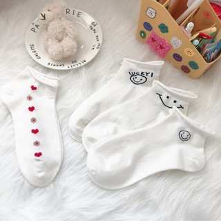 Vớ cổ thấp trắng nữ Dễ thương In hình mặt cười Hàn Quốc Tất Nữ cổ ngắn Cute Cotton Thời trang