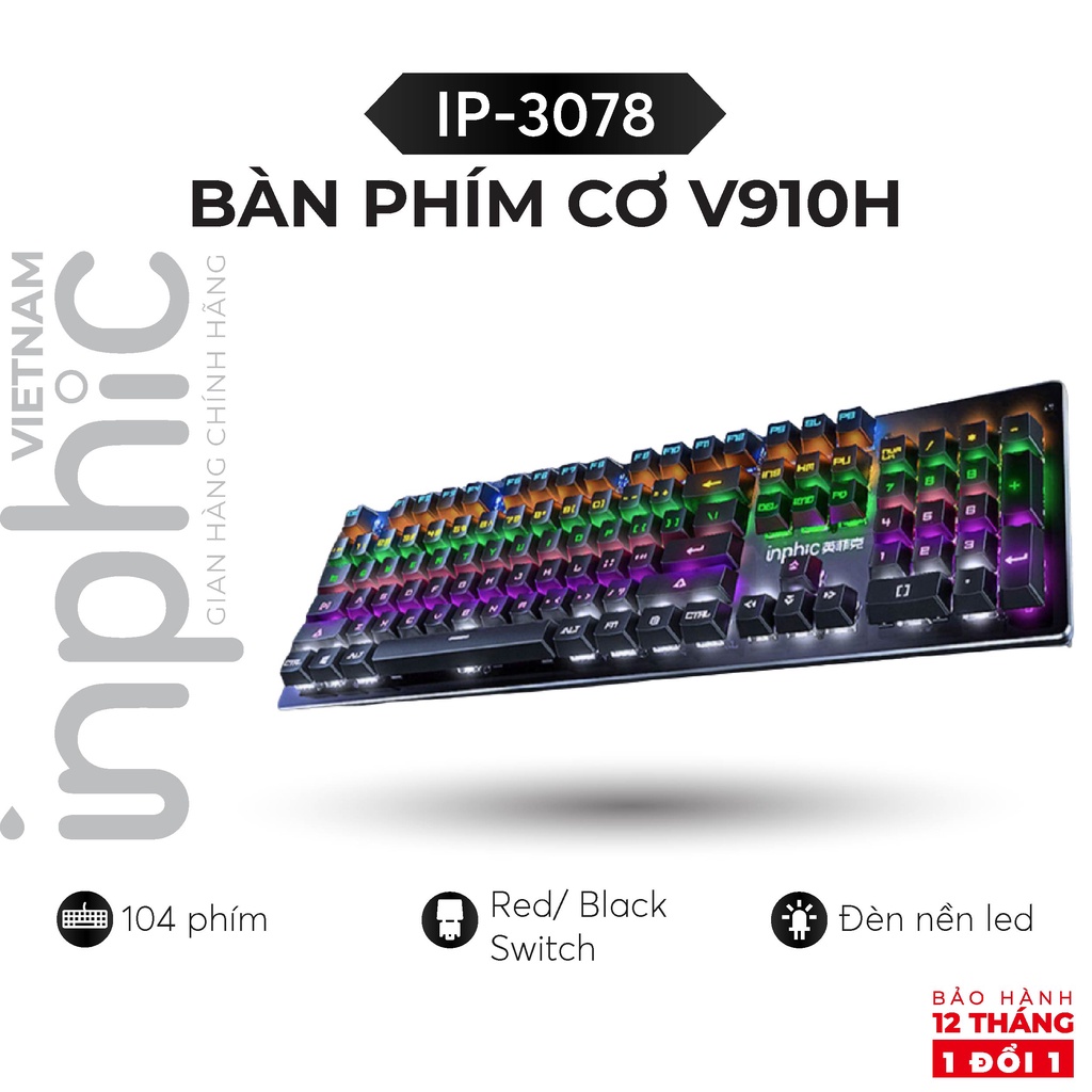 Bàn phím cơ gaming INPHIC V910H Fullsize 104 phím - Red/ Black Switch - Đèn nền 22 chế độ phát sáng