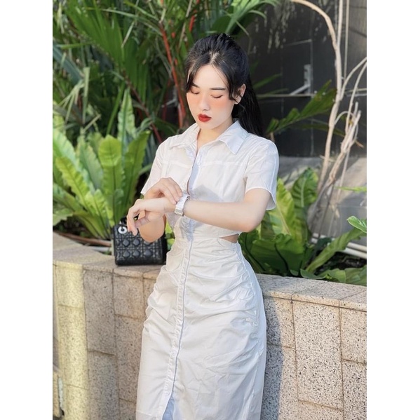 Váy nữ cổ sơ mi khoét eo tay ngắn dài cho nữ | BigBuy360 - bigbuy360.vn