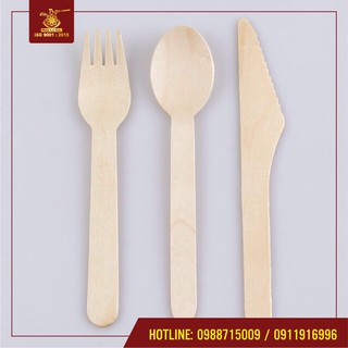 5 Bộ dao dĩa thìa gỗ 16 cm dùng 1 lần Hoa Lư( trên ảnh là 1 bộ) ,đóng gói túi PE kín