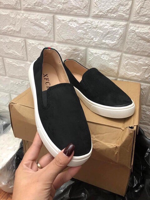 [Kho buôn Giày] Giày slip on da lộn gót kẻ đen full đơn giản dễ đi hàng loại 1