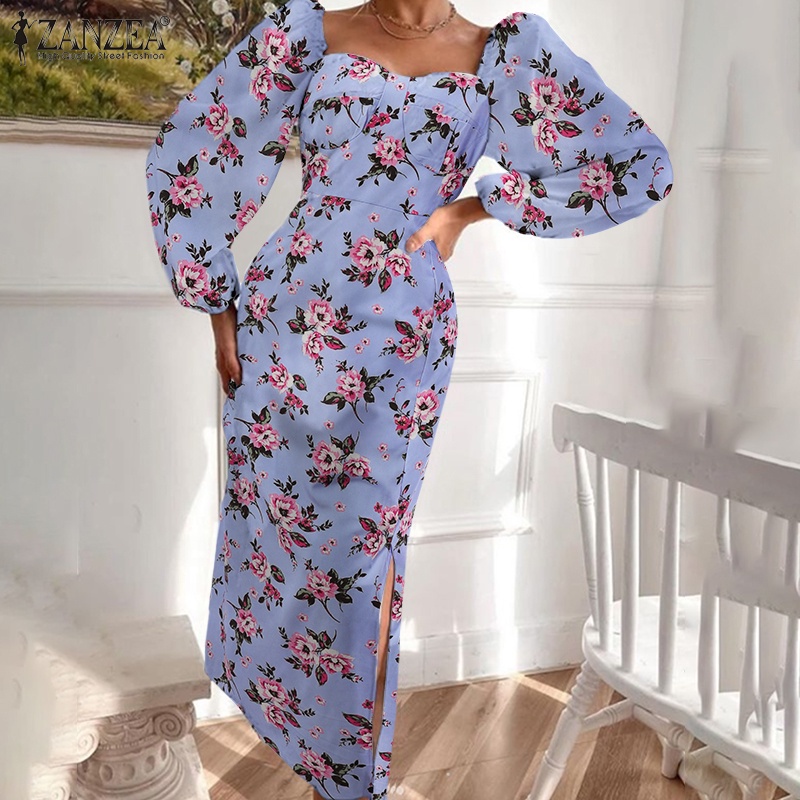 Đầm dài ZANZEA tay phồng dài cổ vuông có dây kéo bên hông thời trang cho nữ