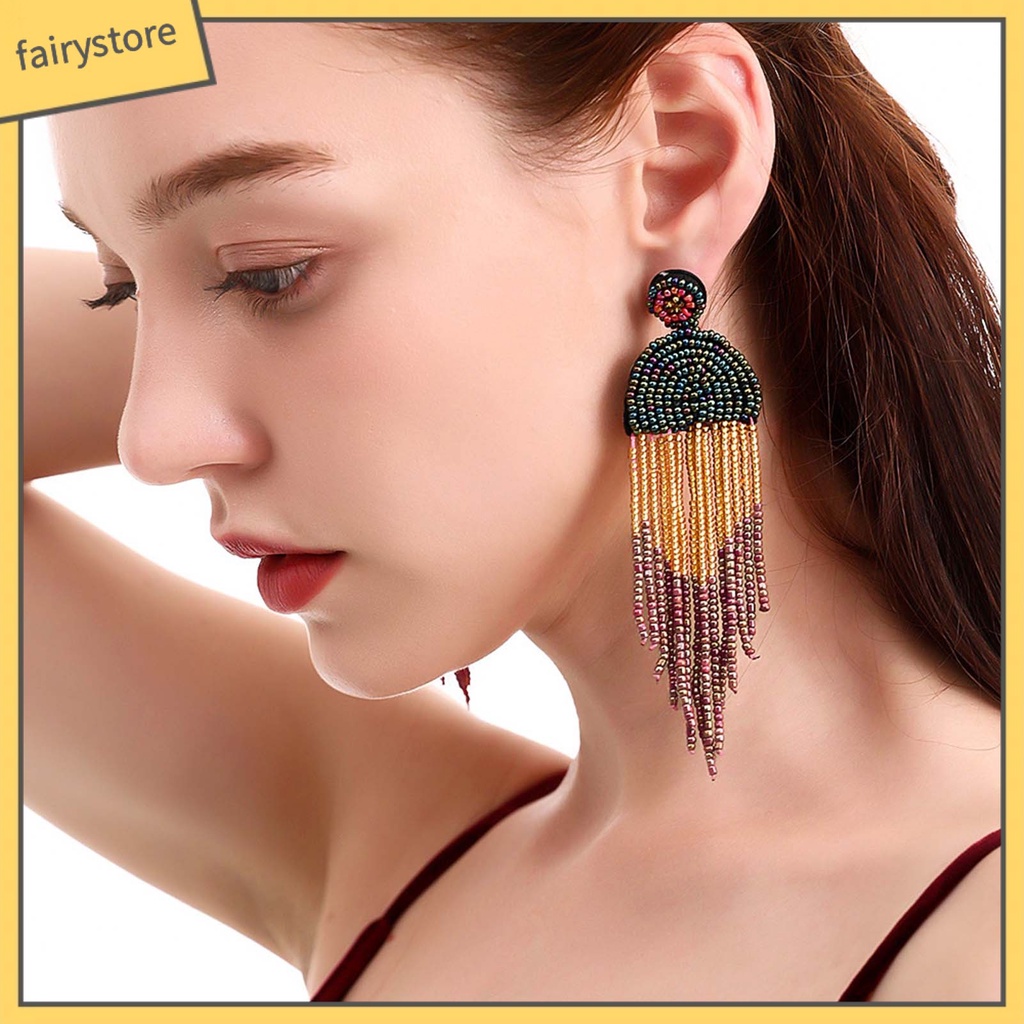 Bông tai dáng dài đính hạt lấp lánh không gây dị ứng phong cách Bohemian cho nữ