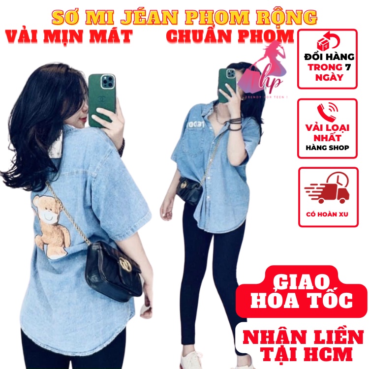 Áo sơ mi jean nữ tay lỡ phom rộng mềm mịn in gấu kiểu hàn quốc thời trang sang chảnh thời trang A134