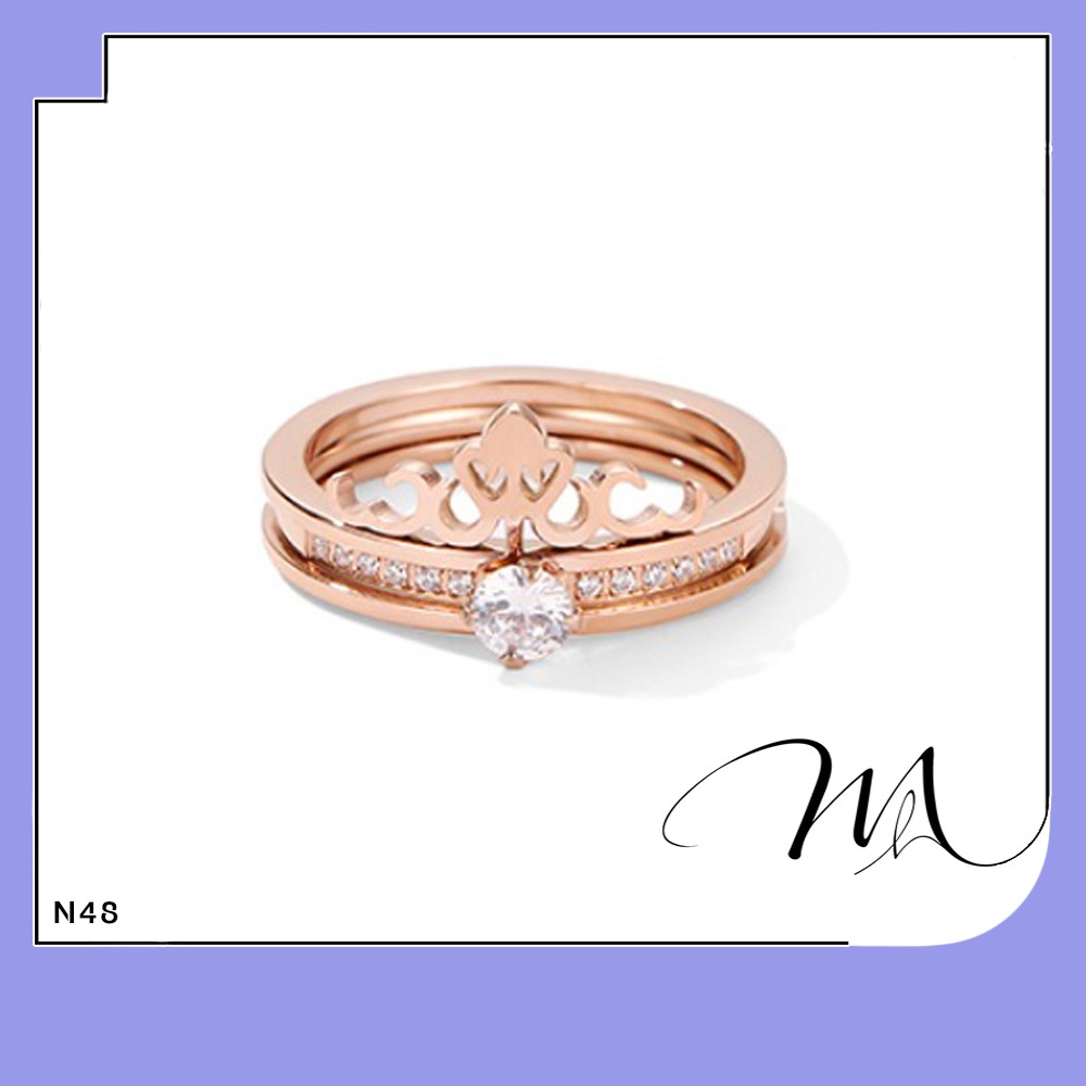 Set 2 nhẫn Titan nữ đính đá hình vương miệng cực kỳ đẹp - N48
