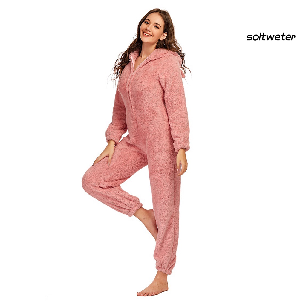 Bộ đồ ngủ liền thân tay dài có mũ trùm phối khóa kéo thời trang mùa đông cho nữ