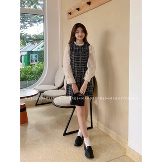 Đầm dạ kẻ suông cổ bèo kiểu dáng Hàn Quốc
