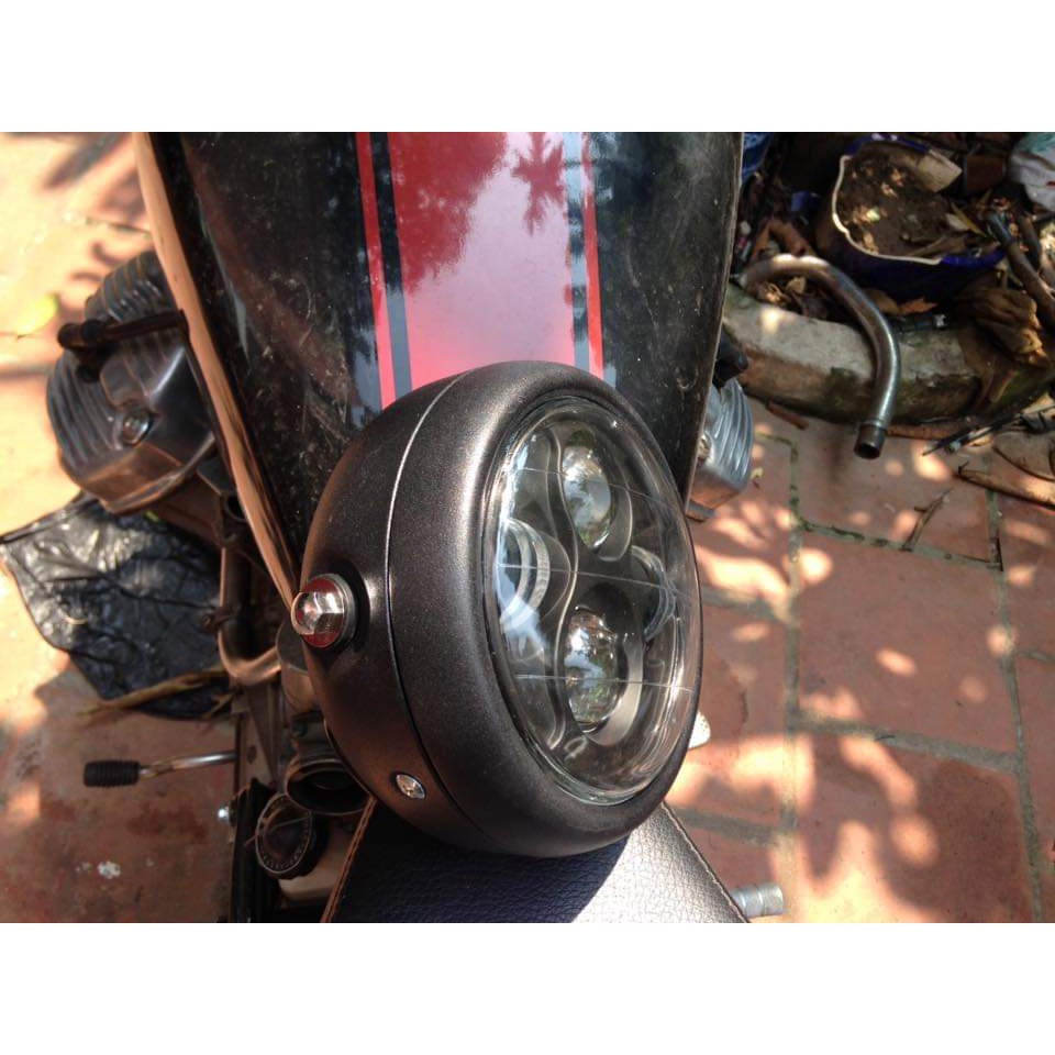 Đèn pha độ xe máy classic kiểu dáng Su GN bi Led gáo đèn tròn sơn đen , mặt mika trong
