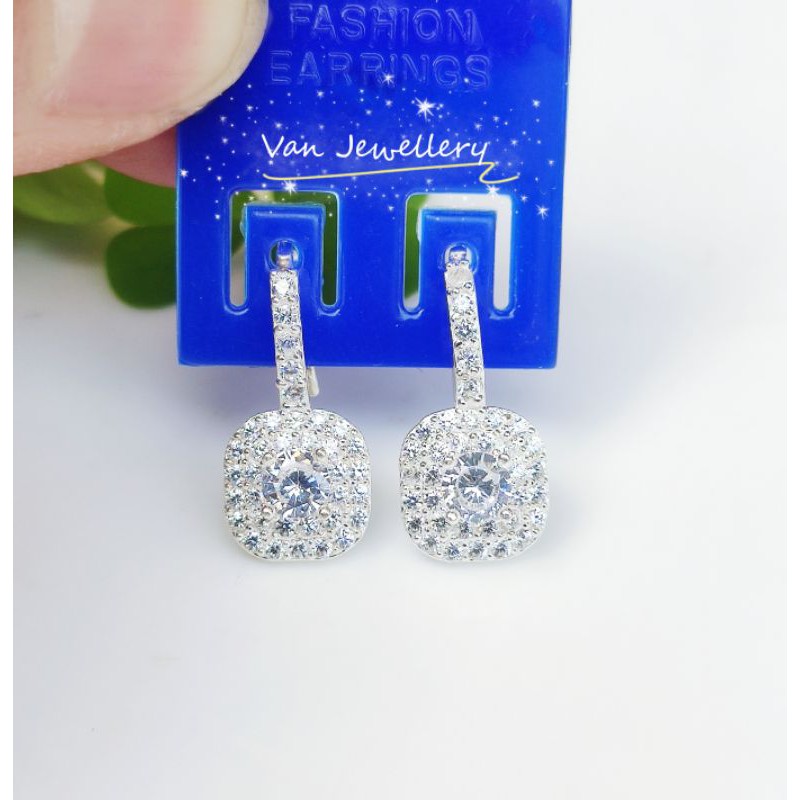 Bông tai bạc Bồng mặt vuông nạm đá sang chảnh Van Jewelry V10745
