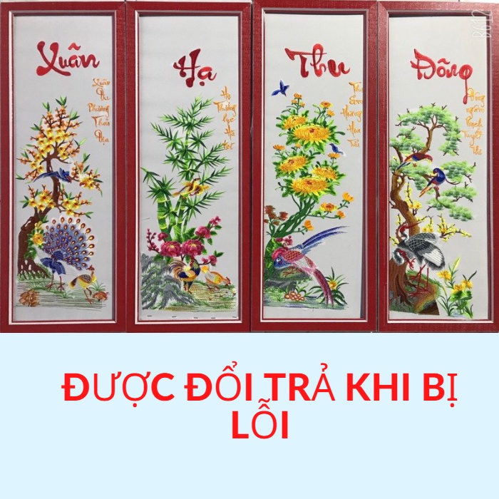 Tranh thêu vi tính tứ quý thành phẩm,bộ 4 bức tranh tứ quý treo tường thêu sẵn chỉ lụa