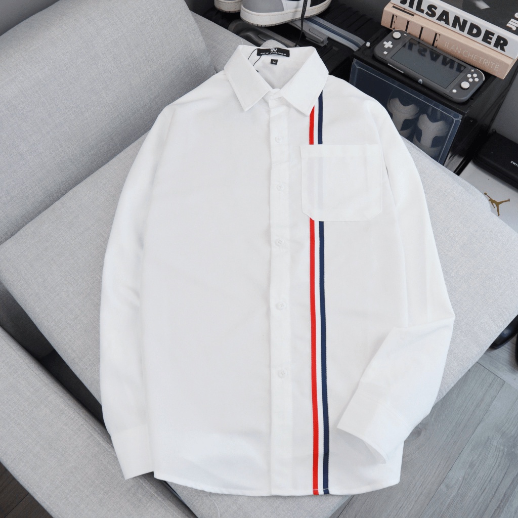 ÁO SƠ MI NAM PHỐI VIỀN CHẠY SỌC TRẮNG TINH TẾ PHONG CÁCH SOÁI CA