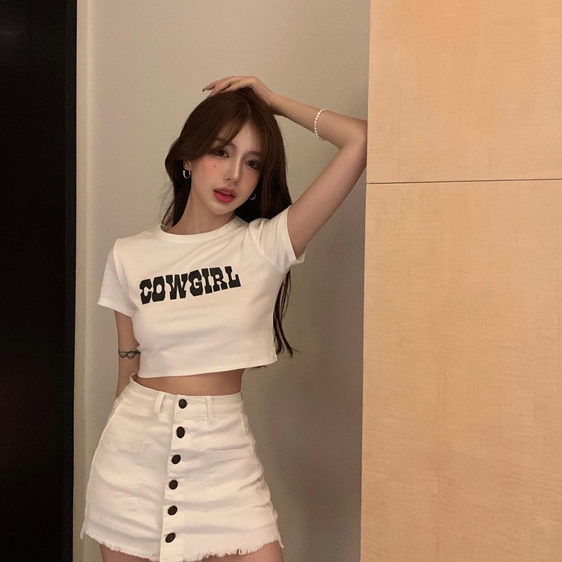 Áo croptop SUXI cổ tròn tay ngắn dáng ôm in chữ đơn giản thời trang mùa hè quyến rũ cho nữ