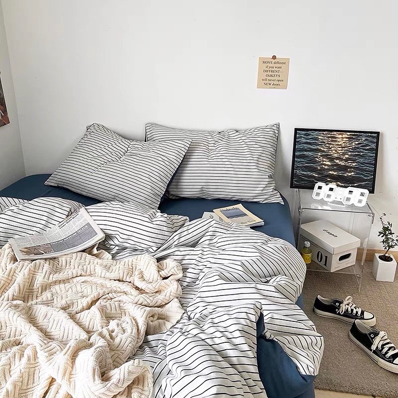 Bộ chăn ga giường TC kẻ Suhali Shop phong cách hàn quốc, set 4 món cotton tici free bo chun | BigBuy360 - bigbuy360.vn