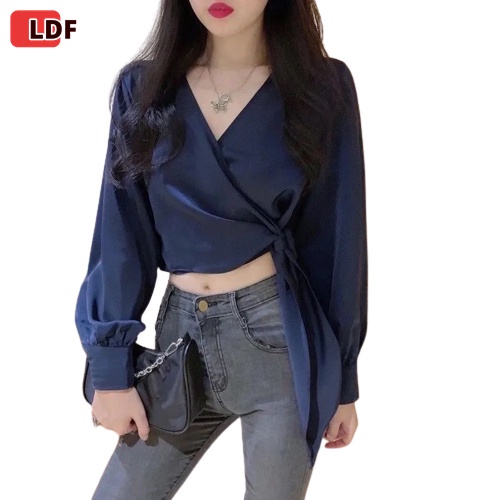 Áo Crop Top Tay Dài Thắt Nơ Eo Thời Trang Dành Cho Nữ