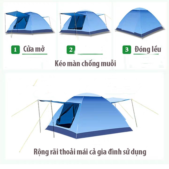<CÓ VIDEO> Lều Cắm Trại 4 Người (2 lớp) chống nước chống nóng CÓ MÁI CHE