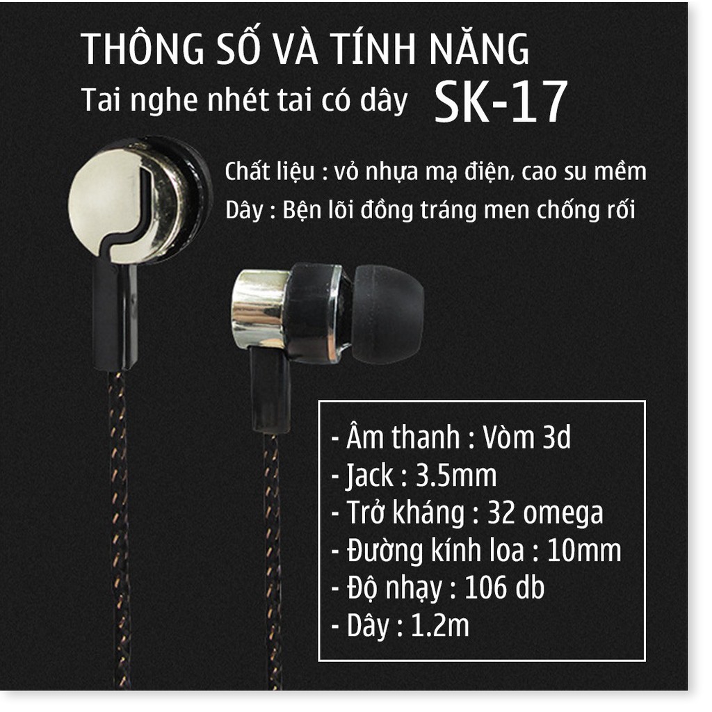 Tai nghe nhét tai 3DO có dây SK-17 chất âm Extra Bass dòng tai nghe Gaming, jack 3.5mm tương thích với điện thoại  3DO