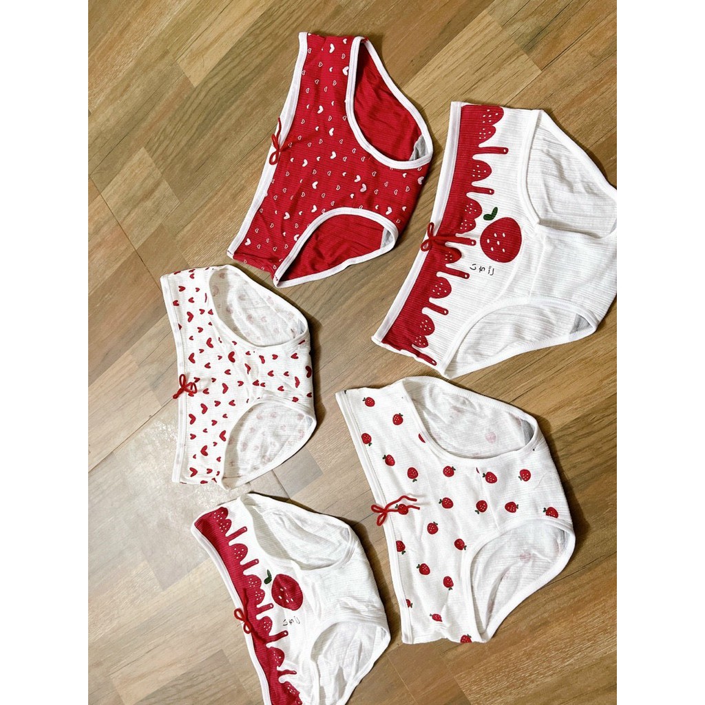 Set hộp 5 Quần lót cotton lưng vừa họa tiết dâu tây đáng yêu thời trang dành cho nữ 2801