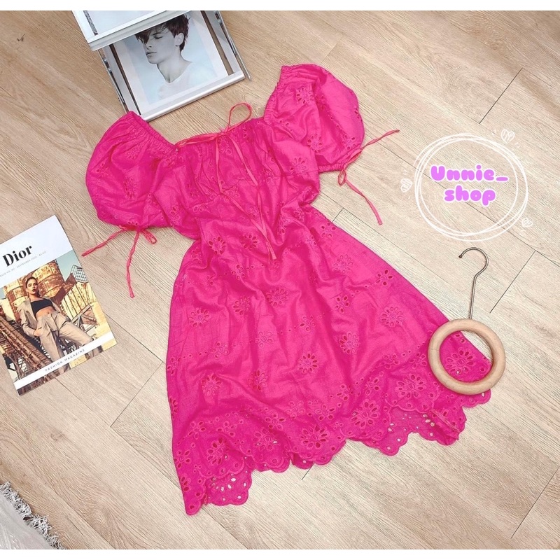 Đầm xô ren hoa tay phồng mã UDR003 trắng Hồng 💕☁️ Freesize