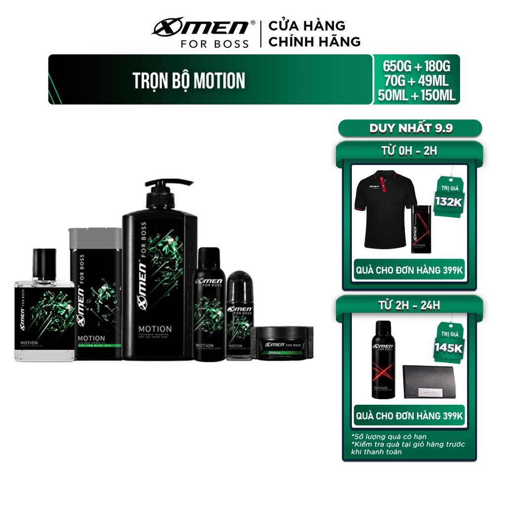 [Mã COSXMEN40 giảm 8% đơn 250K] Combo X-Men for Boss trọn bộ mùi hương Motion(650g + 180g + 49ml + 150ml + 50ml + 70g)