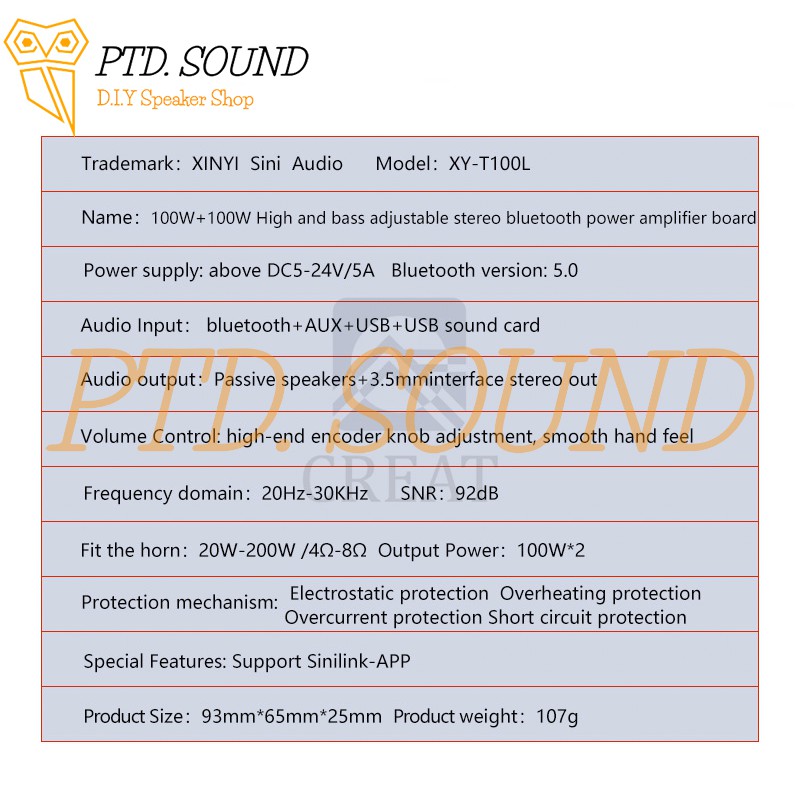 XY-T100L Mạch khuếch đại âm thanh Sinilink 100w*2 Bluetooth 5.0 Chỉnh âm sắc từ PTD Sound mã Sinilink XY T100L