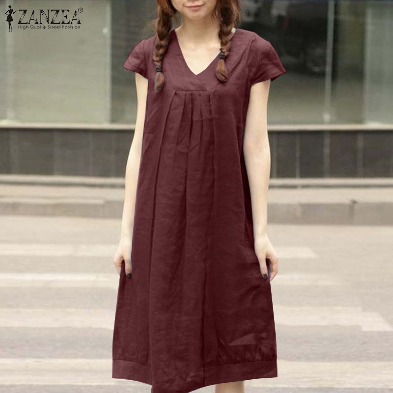 Đầm midi ZANZEA tay ngắn cổ chữ v phong cách Hàn Quốc dành cho nữ