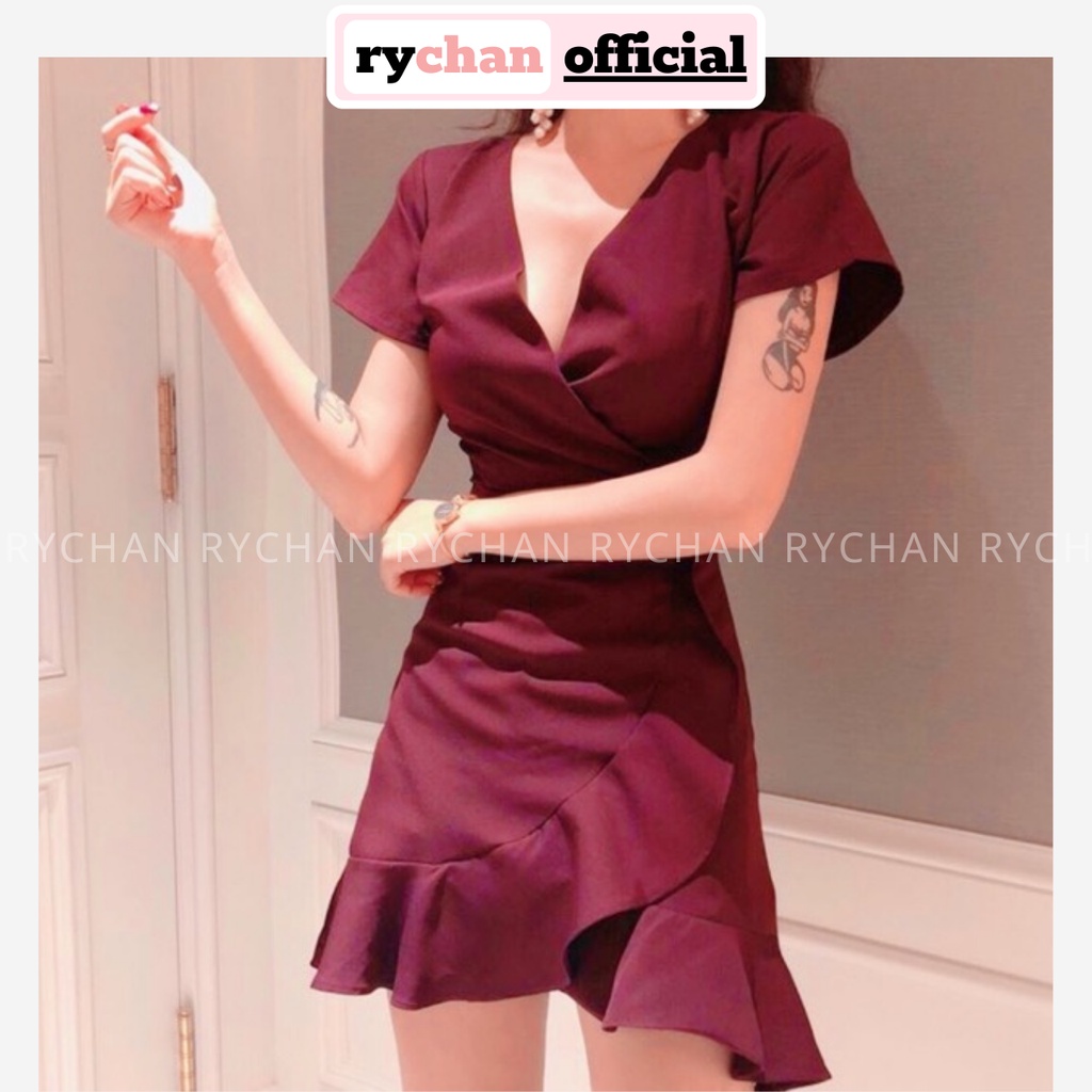 Đầm Nữ Dự Tiệc Màu Đỏ Đô, Hồng Cổ V Tay Ngắn Bèo Lai Dọc Thân Ôm Body Cực Tráy [ẢNH THẬT CUỐI] - DX9746