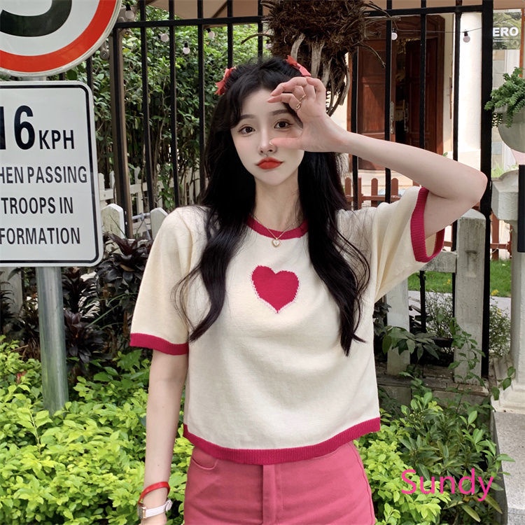 Áo Dệt Kim Tay Ngắn Màu Sắc Ngọt Ngào Thời Trang Mùa Hè Cho Nữ