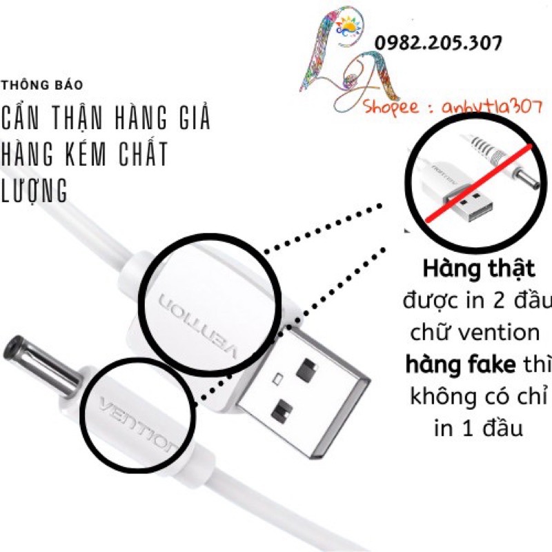 ★Chính hãng Vention★ Dây Cáp nguồn DC Đầu Cắm USB Sang 3.5*1.35mm ★ cho máy rửa mặt Foreo Luna ★ Pebble Lisa ★ Halio