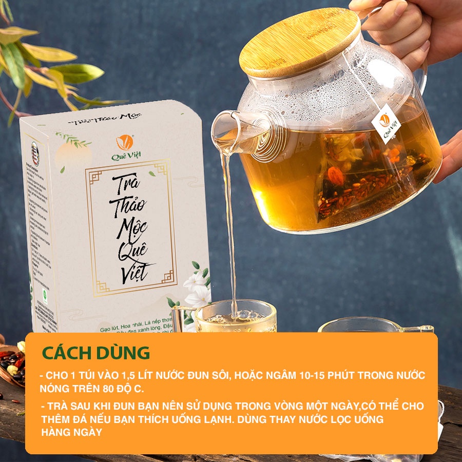 Trà thảo mộc Quê Việt, 1 hộp 600 gram , gồm 20 túi lọc rất tiện khi sử dụng , sử dụng cho mọi lứa tuổi