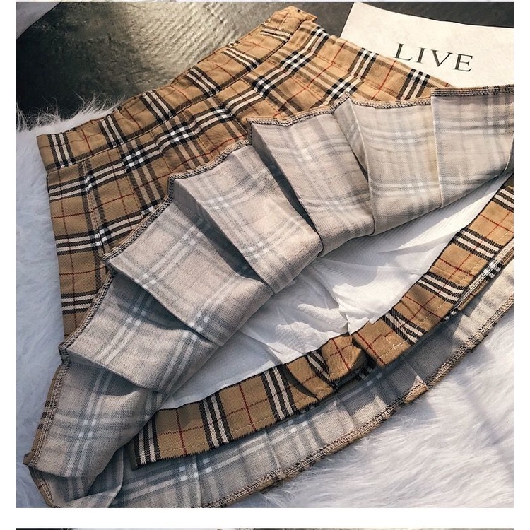 Chân váy dáng chữ A lưng cao xếp ly họa tiết sọc ca rô trẻ trung thời trang