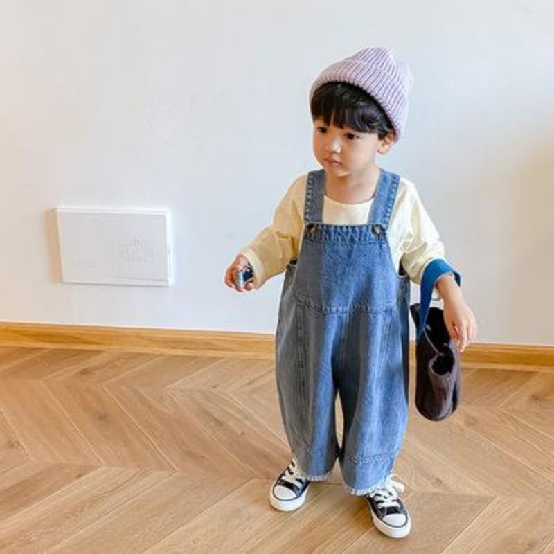 Bộ Áo Liền Quần Denim Cotton Ống Rộng Hở Đáy Thời Trang Mùa Thu Cho Bé Trai Và Gái