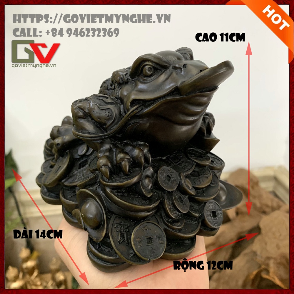 Tượng Cóc 3 chân cóc Thiềm Thừ ngậm tiền tài lộc chiêu giữ tài lộc - Cao 11cm - màu nâu đen