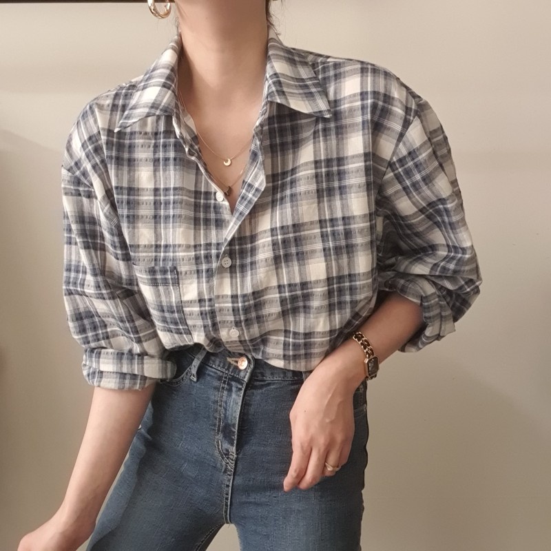 Áo sơ mi tay dài họa tiết sọc caro phong cách retro Hàn Quốc cao cấp