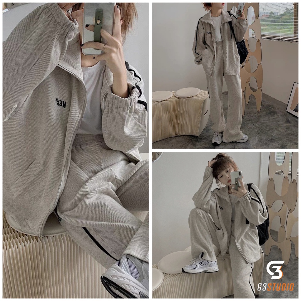 bộ thể thao nữ thu đông nỉ bo gân xám ngủ mặc nhà chất dày dặn áo nỉ kéo khóa kèm quần suông sọc đe
