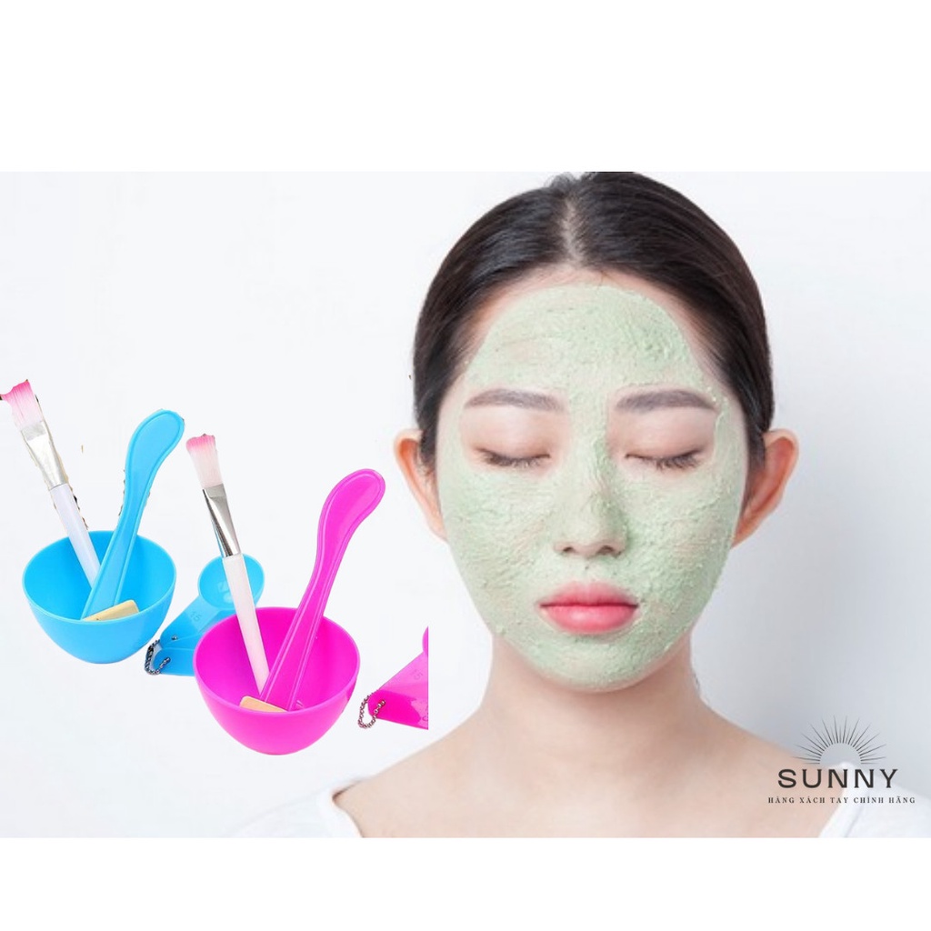 Set 4 món dụng cụ đắp mặt nạ: 1 bát dẻo, 1 thìa đánh phết bột, 1 chổi quét bột, 3 muỗng đong liều lượng bột