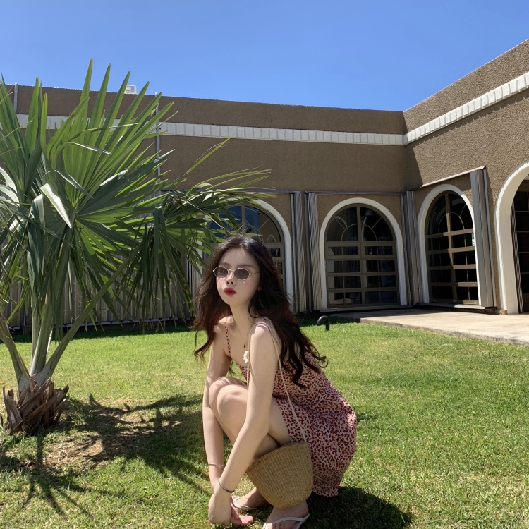 SUXI Đầm tiệc hai dây in họa tiết hoa thời trang Hàn Quốc